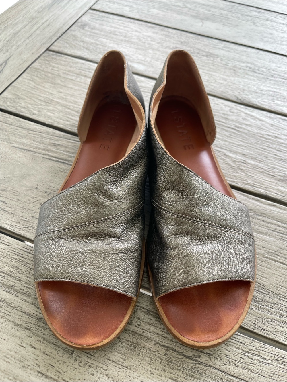 1. State Calvin Women's Metallic Pewter Leather Slip-On Open Toe Flats size 9